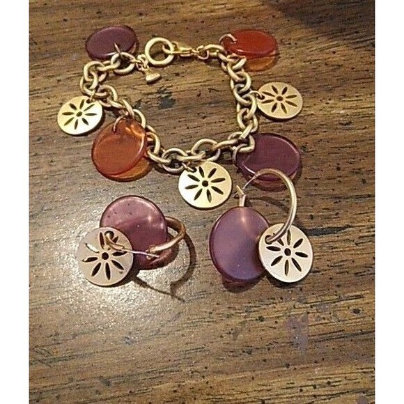 Vintage Liz Claiborne LC Signed Metal Link Bracelet And Pierced Earrings - Picture 1 of 5